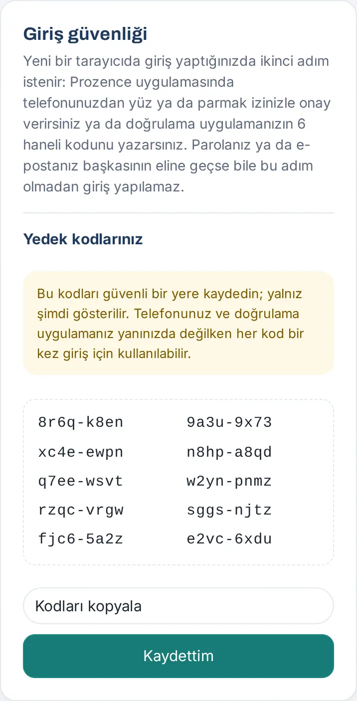Yedek kodlarınız: 10 tek kullanımlık kod, Kodları kopyala ve Kaydettim