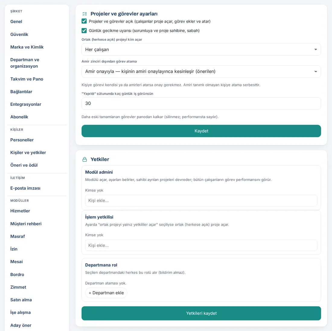 Admin → Modüller → Projeler ve görevler: ayarlar ve Yetkiler