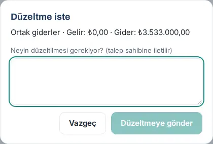 Düzeltme iste penceresi: bütçenin özeti, Neyin düzeltilmesi gerekiyor? alanı ve Düzeltmeye gönder