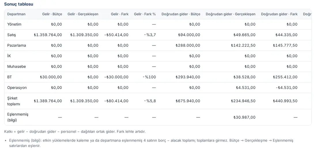 Sonuç tablosu: departmanlar, gelir ve doğrudan gider sütunları, Şirket toplamı ve Eşlenmemiş (bilgi) satırı