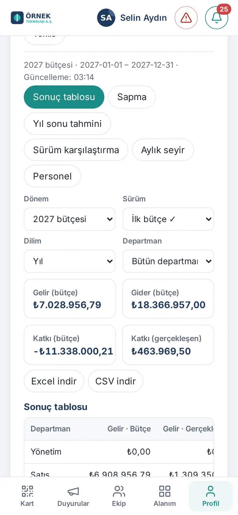 Telefonda Raporlar → Bütçe: Sonuç tablosu kutuları ve süzgeçler