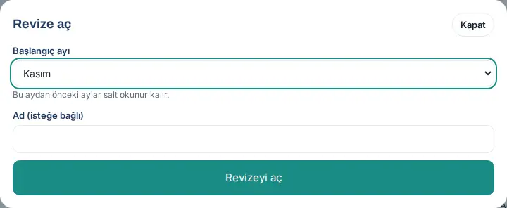 Revize aç penceresi: Başlangıç ayı ve Ad (isteğe bağlı)