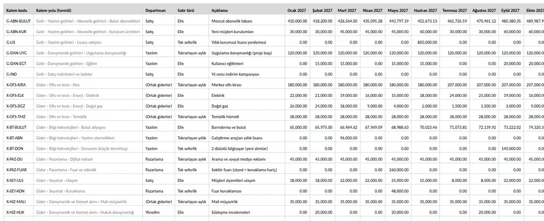 Örnekli plan şablonunun Plan sayfası (LibreOffice'te açıldı): Kalem kodu, Kalem yolu (formül), Departman, Satır türü, Açıklama ve aylar