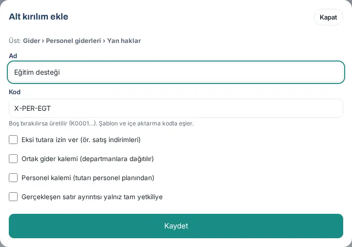 Alt kırılım ekle penceresi: üst kalem, ad, kod ve dört işaret