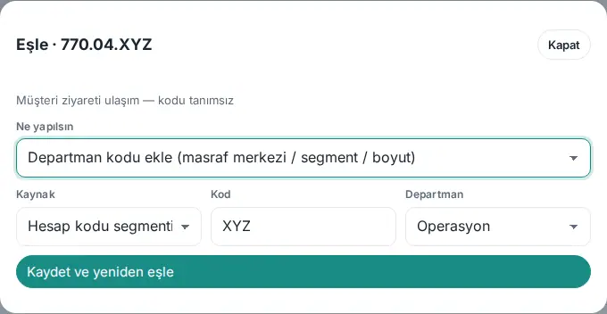 Eşle · 770.04.XYZ penceresi: Departman kodu ekle, Kaynak Hesap kodu segmenti, Kod XYZ, Departman Operasyon, Kaydet ve yeniden eşle