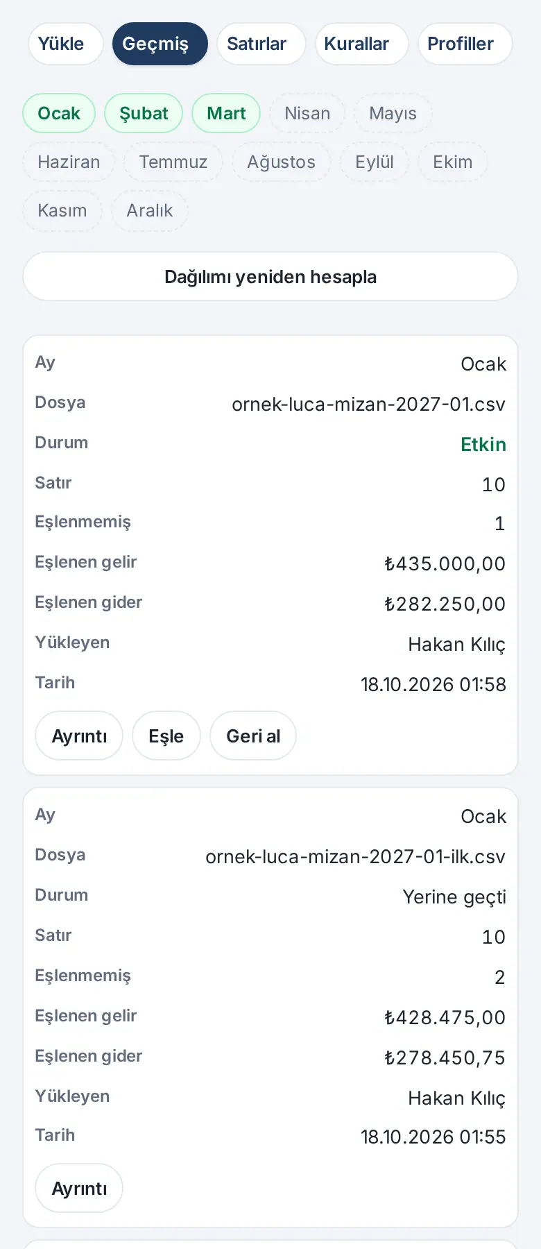 Telefonda Geçmiş, bütçe yöneticisi: yüklemeler kart görünümünde; Ayrıntı, Eşle ve Geri al düğmeleri kartın altında