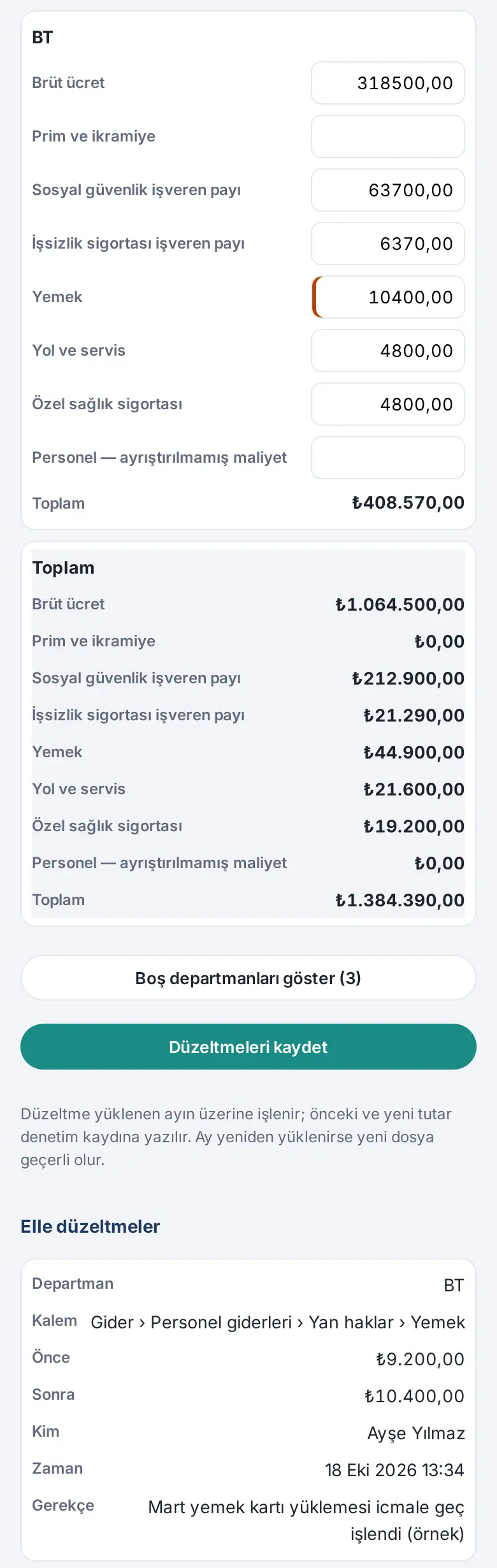 Telefonda Ay tablosu: departman kartında hücre girdileri, Toplam kartı, Düzeltmeleri kaydet ve Elle düzeltmeler