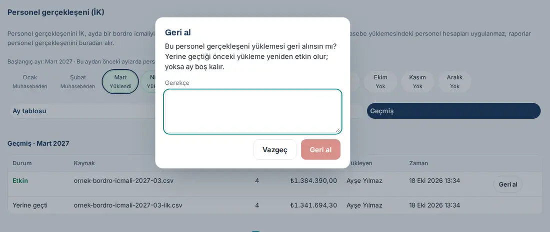 Geri al penceresi: soru, zorunlu Gerekçe kutusu, Vazgeç ve Geri al