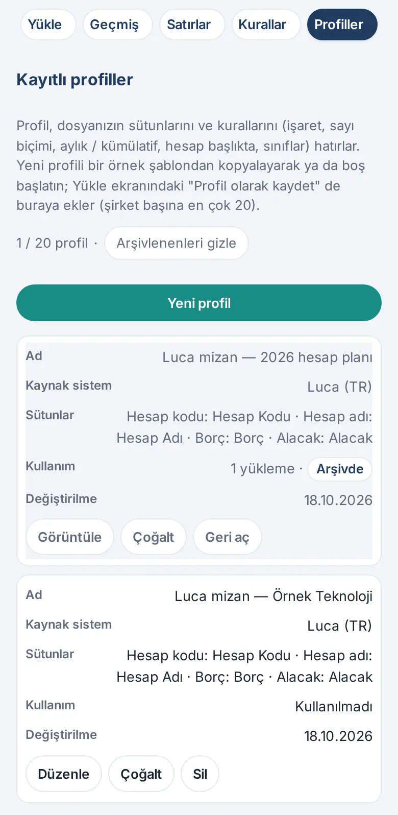 Telefonda arşivdeki profil: kart görünümünde Arşivde etiketi ve Görüntüle, Çoğalt, Geri aç