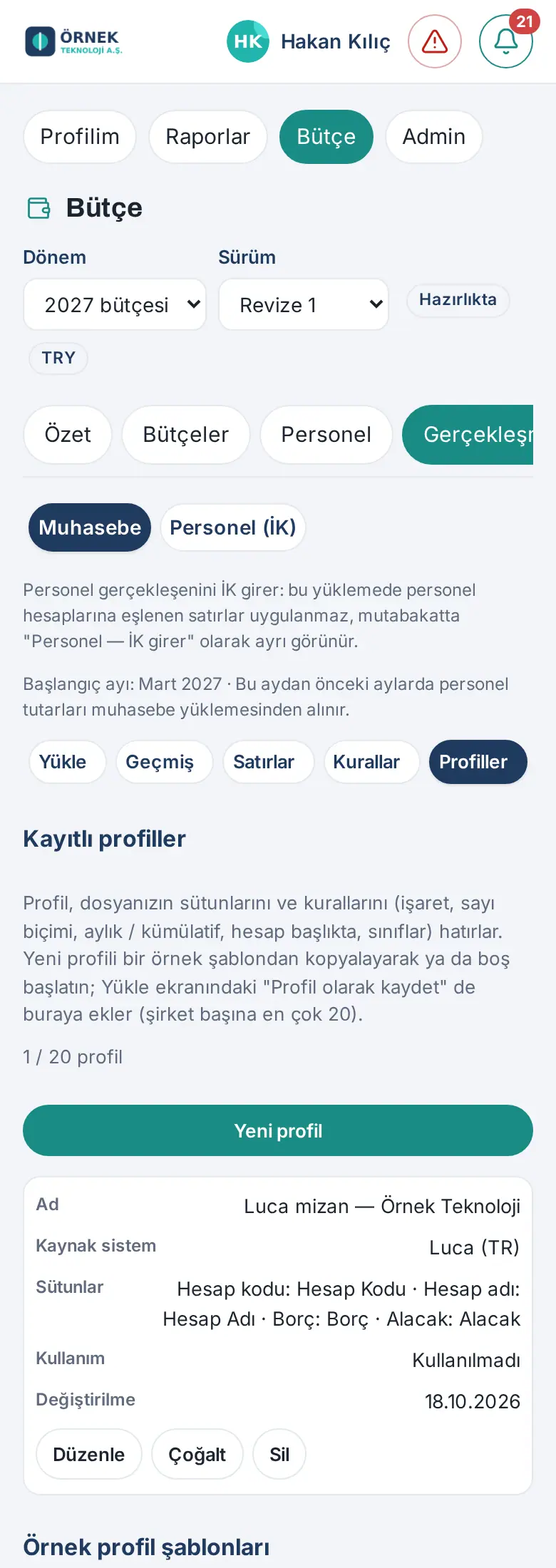 Telefonda Profiller: Muhasebe | Personel (İK) seçicisi, Kayıtlı profiller, Yeni profil ve kart görünümünde profil