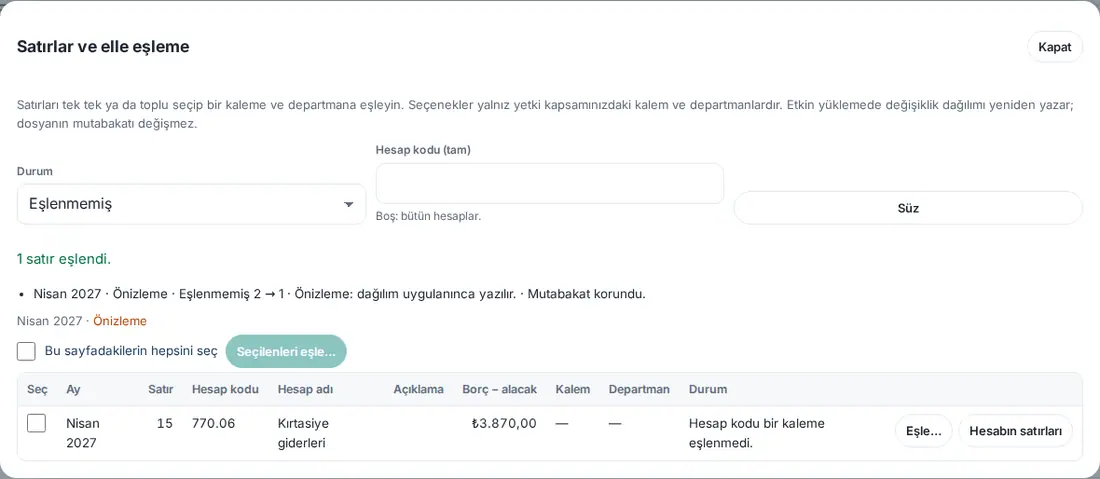 Kayıttan sonra: "1 satır eşlendi.", Nisan 2027 · Önizleme · Eşlenmemiş 2 → 1 · Önizleme: dağılım uygulanınca yazılır. · Mutabakat korundu.