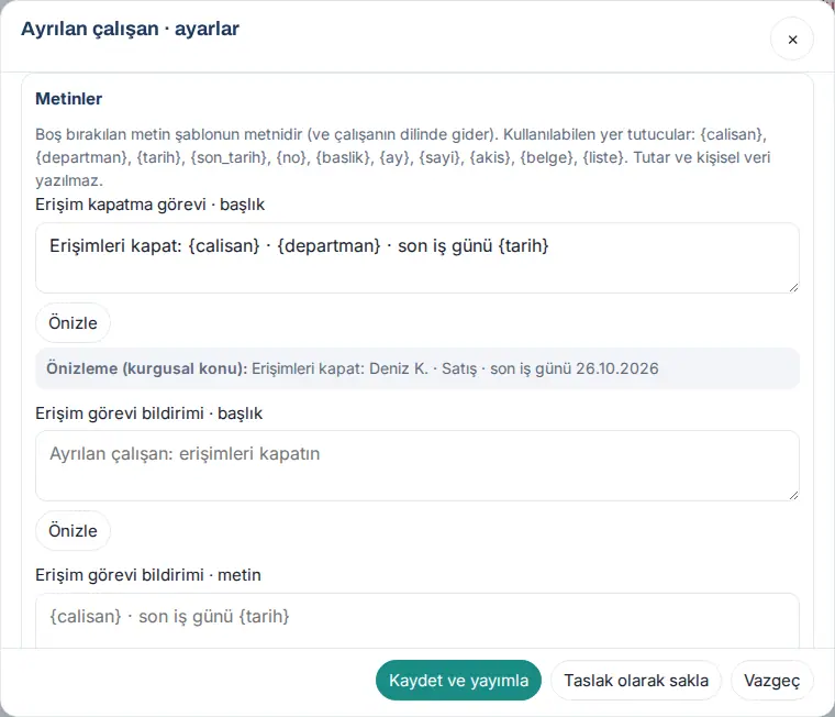 Metinler: Erişim kapatma görevi · başlık metni değiştirilmiş ve Önizle sonucu