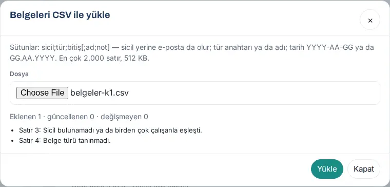Belgeleri CSV ile yükle: bir satır eklendi, iki satır hatalı