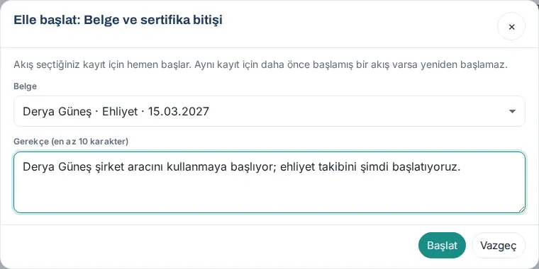 Elle başlat: Belge ve sertifika bitişi, belge ve gerekçe