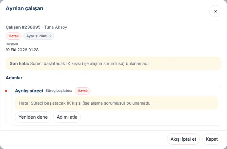 Hatalı akış: Son hata, Yeniden dene ve Adımı atla