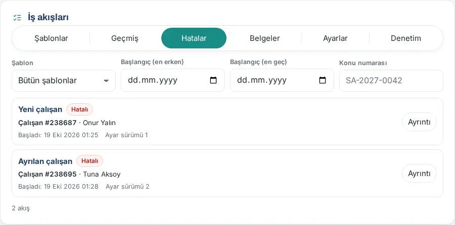 Hatalar sekmesi: iki hatalı akış