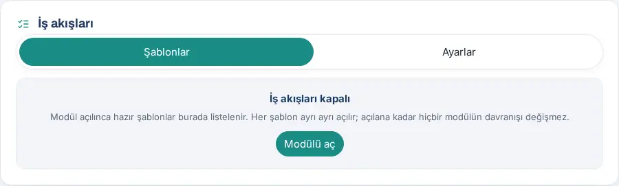 İş akışları kapalı: Modülü aç düğmesi