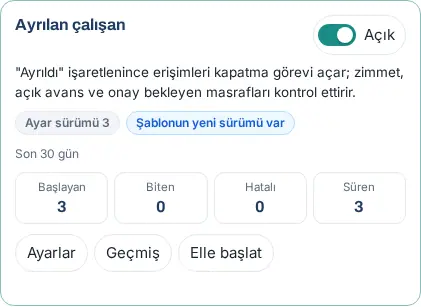Ayrılan çalışan kartı: Ayar sürümü 3 ve Şablonun yeni sürümü var rozetleri