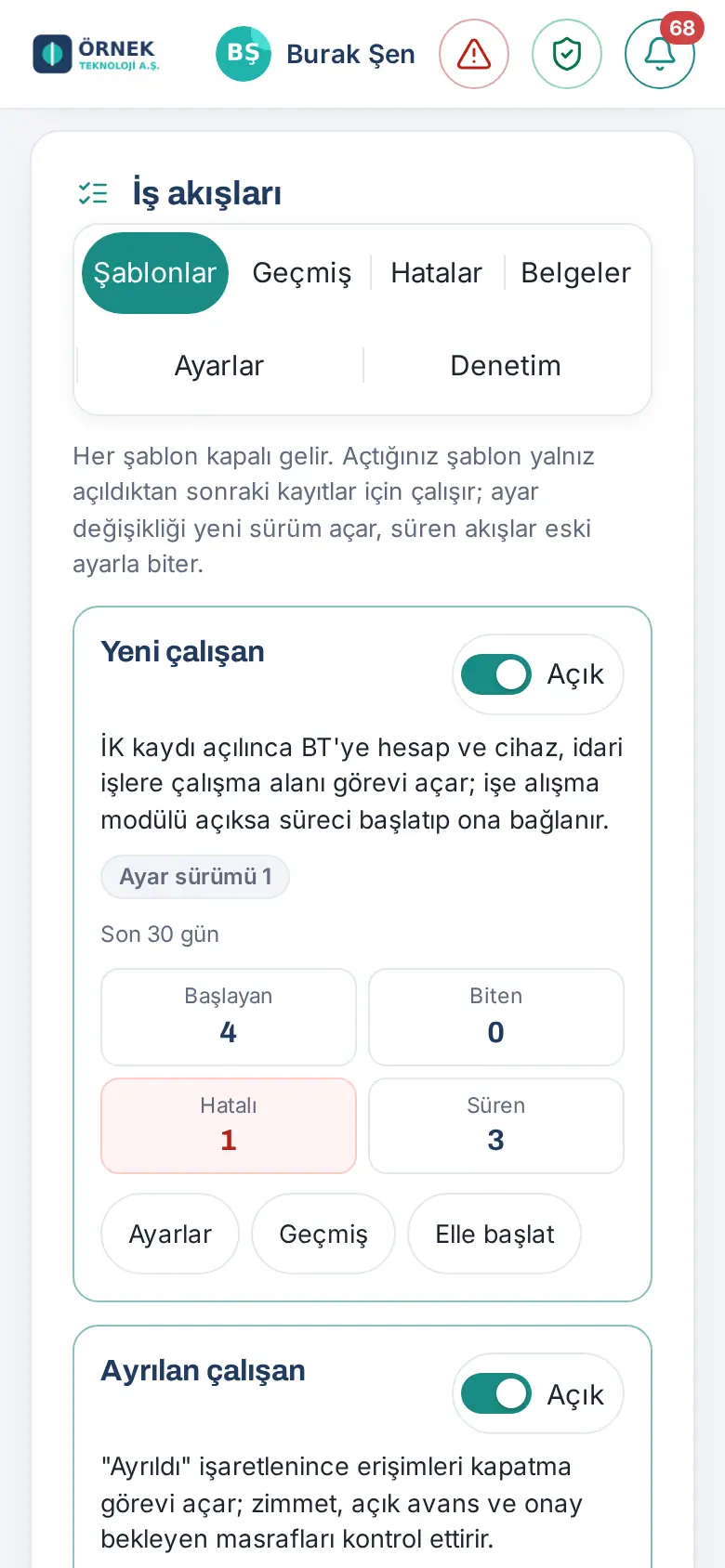 Telefonda Şablonlar: kartlar tek sütun
