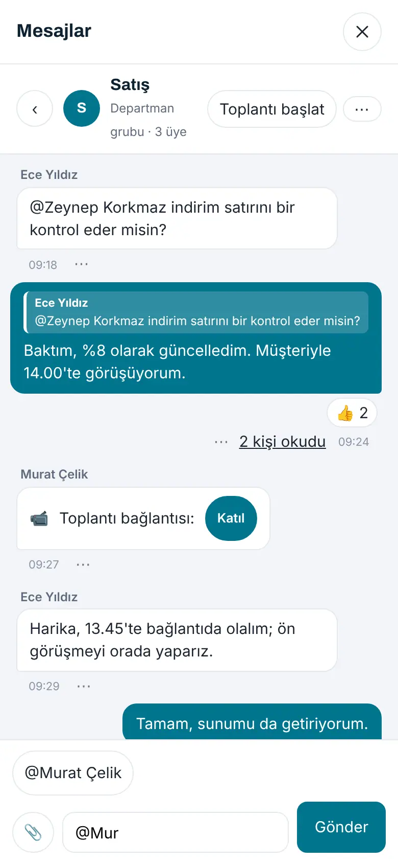 Telefonda Satış departman grubu: yazma kutusunda @Mur yazılınca @Murat Çelik önerisi; üstte alıntıyla yanıt, tepki ve okundu bilgisi