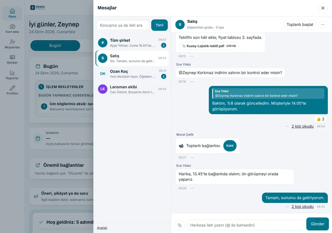 Bilgisayarda Sohbet paneli: solda Tüm şirket kanalı, Satış departman grubu, birebir konuşma ve Lansman ekibi grubu; sağda Satış grubunda PDF eki, @bahsetme, alıntıyla yanıt, 👍 tepkisi, 2 kişi okudu ve toplantı bağlantısı